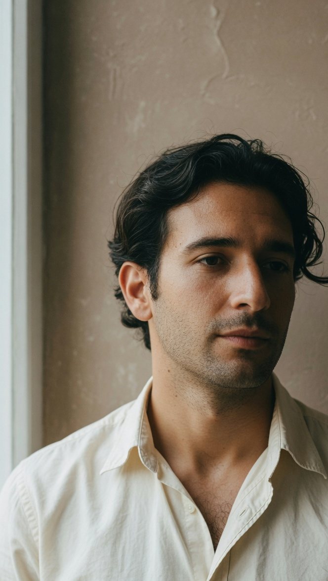 Leo Marchetti, actor, in an ivory shirt.