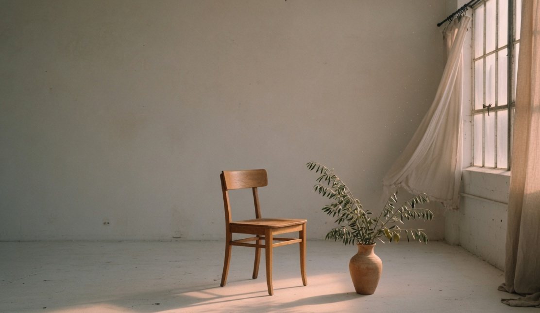 An empty Los Angeles studio with a wooden chair, linen curtains, and a clay vase.